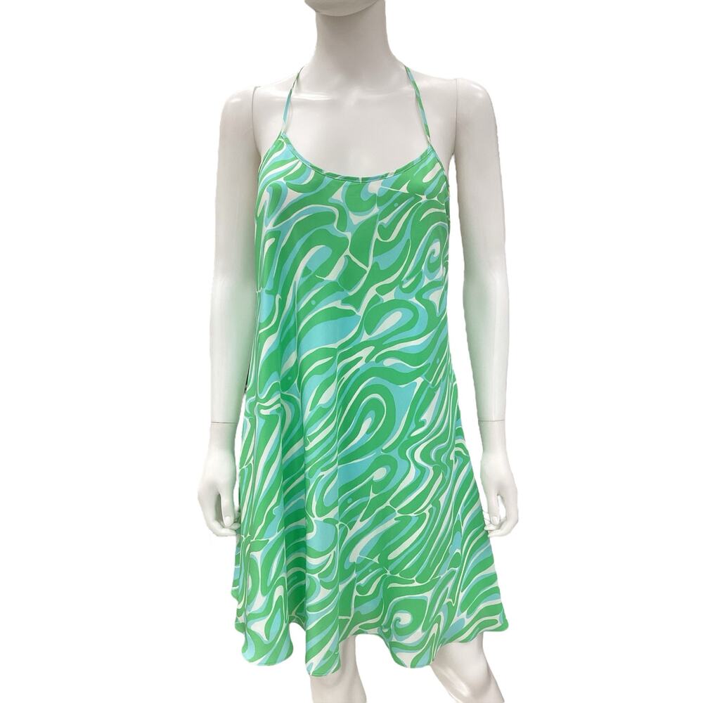 Lilly Pulitzer Dress Women SZ S 100%Silk Straps Above Knee Green And Blue Print